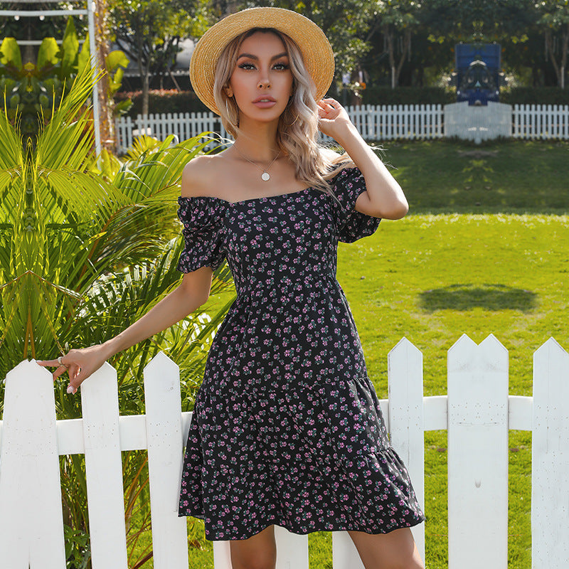 Damen Retro Blümchenkleid mit weiten Puffärmeln und voluminösem Rock Drune