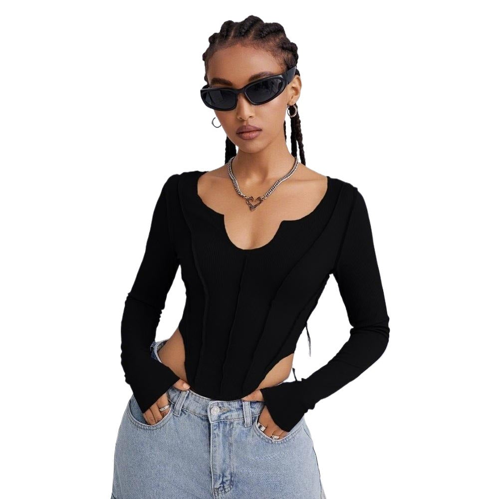 Damen Langarm-Bodysuit mit tiefem V-Ausschnitt und raffinierten Cut-Out-Details Drune