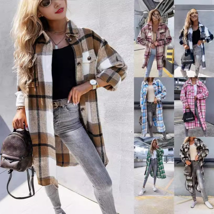 Damen Karierter Hemdblusenmantel aus weichem Baumwollmix Drune