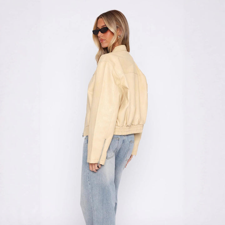 Damen Kunstleder Jacke mit elastischem Bund und hohem Stehkragen Drune