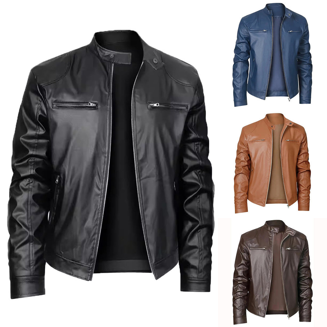 Herren nan schlanke Kunstleder-Bikerjacke mit Stehkragen, durchgehendem Reißverschluss und zwei Brusttaschen Drune
