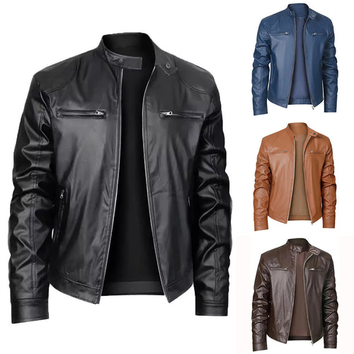 Herren nan schlanke Kunstleder-Bikerjacke mit Stehkragen, durchgehendem Reißverschluss und zwei Brusttaschen Drune