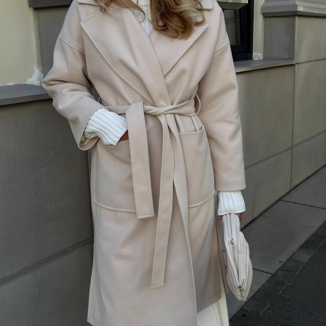 Damen Eleganter Übergangsmantel mit breitem Revers und Gürteldetail Drune