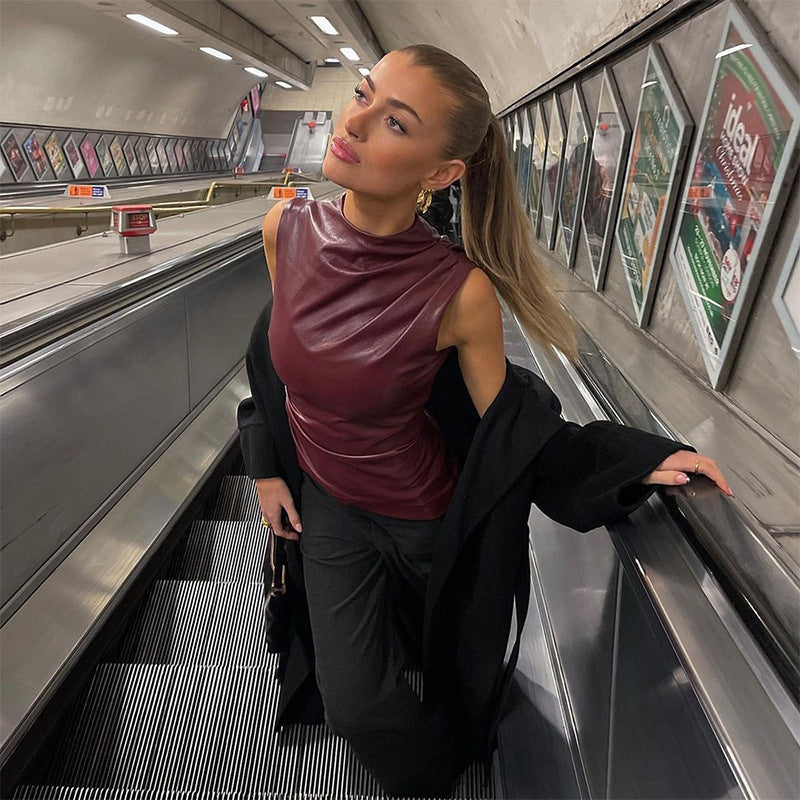 Damen Leger geschnittene Kunstlederbluse mit asymmetrischem Saum und elegantem Stehkragen Drune