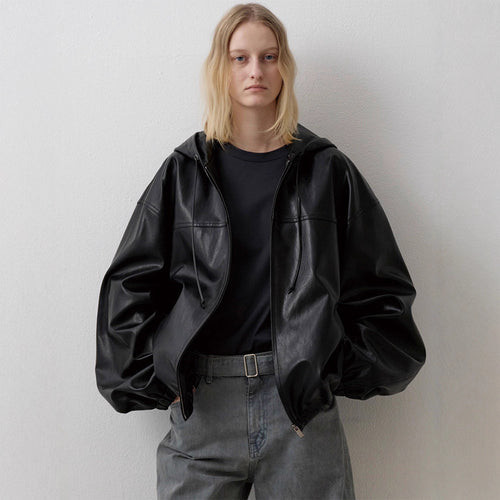 Damen Lässige Kunstlederjacke mit Kapuze Drune