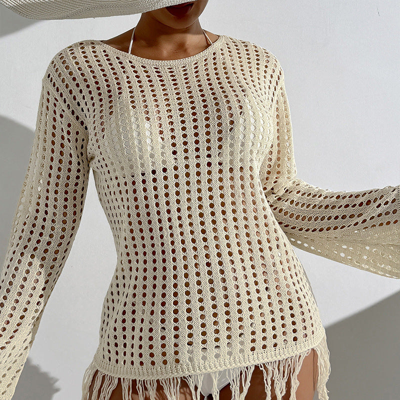 Damen Häkel-Strandüberwurf mit fransigem Saum und dekorativem Netzdesign Drune