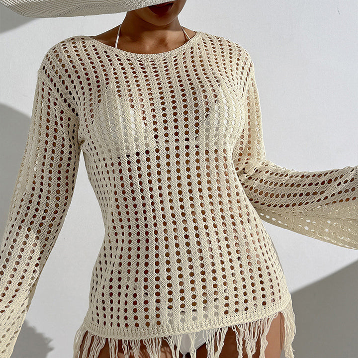 Damen Häkel-Strandüberwurf mit fransigem Saum und dekorativem Netzdesign Drune