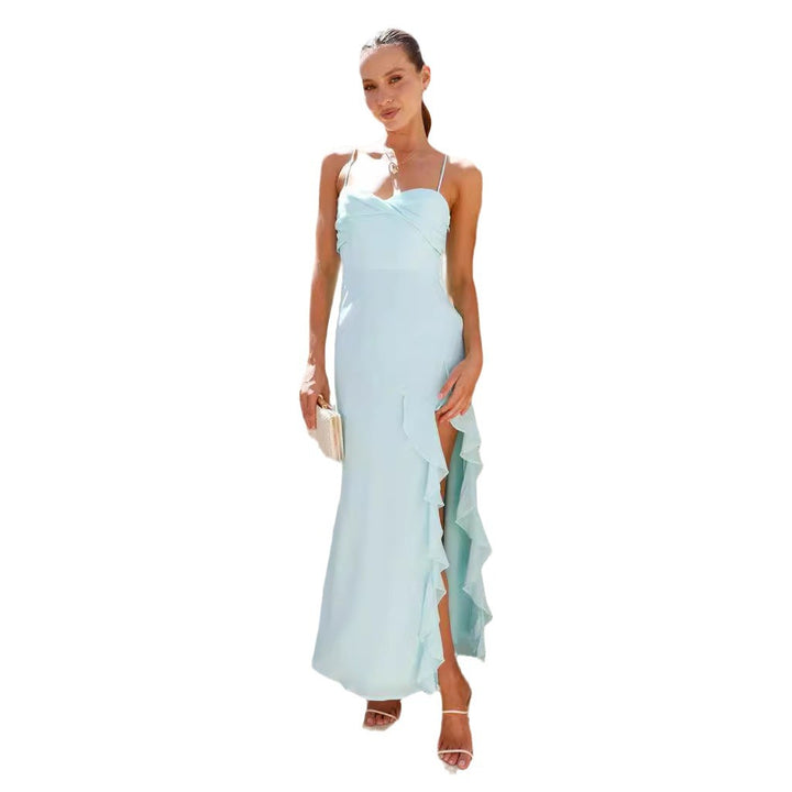 Damen Langarm Maxikleid mit Rüschendetails und hohem Schlitz Drune