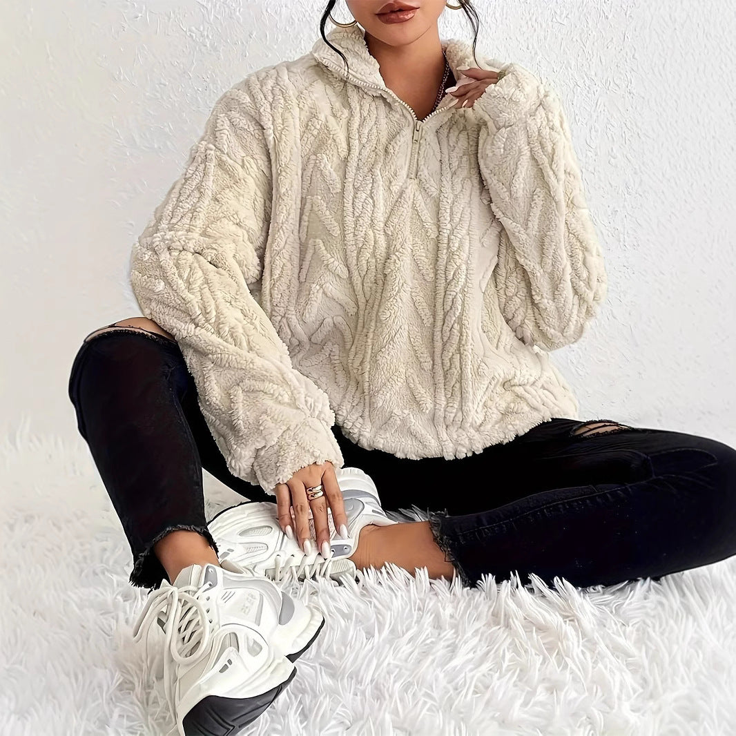 Damen gemütlicher Fleece-Pullover mit halbem Reißverschluss und strukturiertem Muster Drune