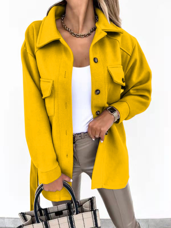 Damen Modische Overshirt-Jacke mit aufgesetzten Taschen und Knopfverschluss Drune