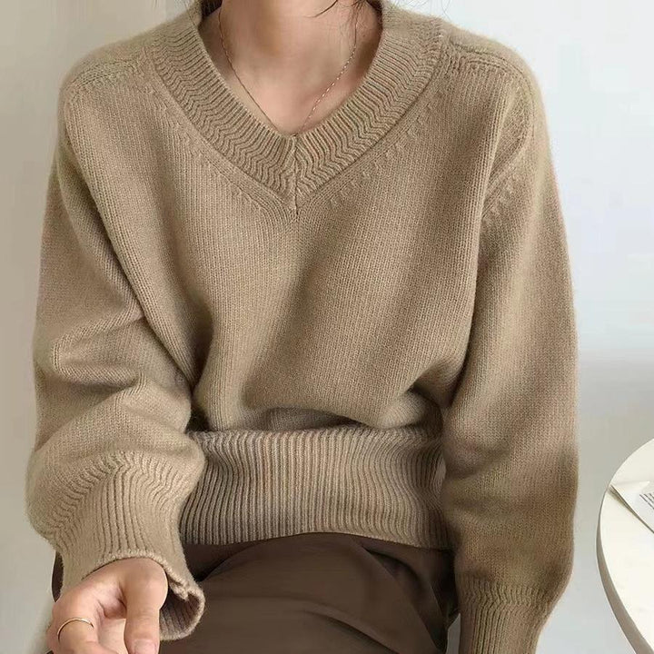 Damen V-Ausschnitt Pullover mit weitem Bündchen Drune