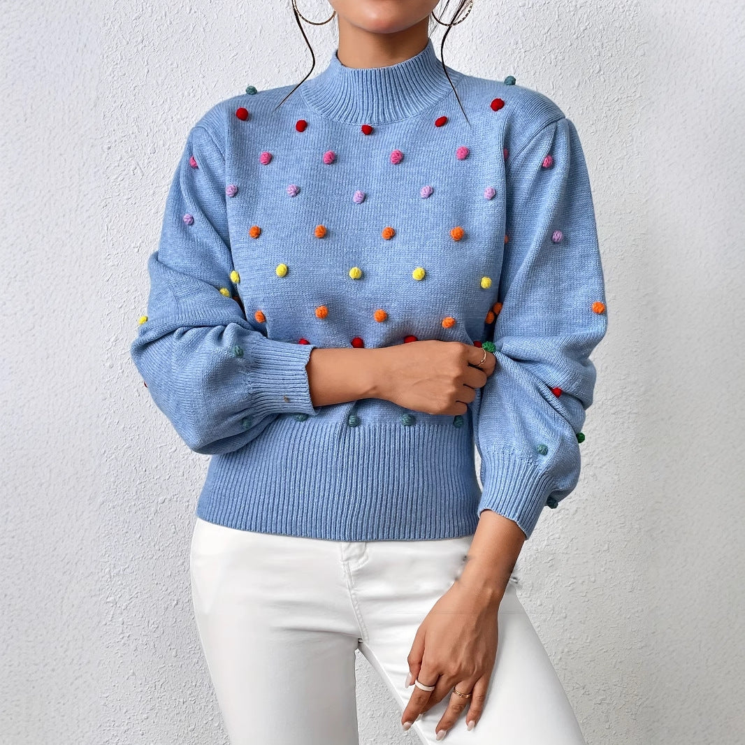 Damen modischer Pullover mit bunten Quasten und Stehkragen Drune