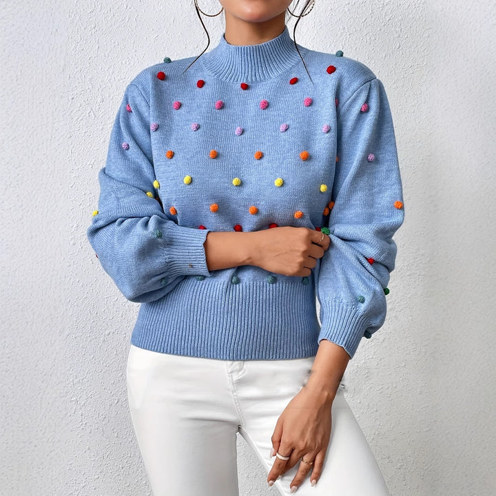 Damen modischer Pullover mit bunten Quasten und Stehkragen Drune