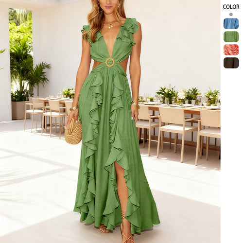 Damen Maxikleid mit voluminösen Rüschendetails und tiefem V-Ausschnitt Drune