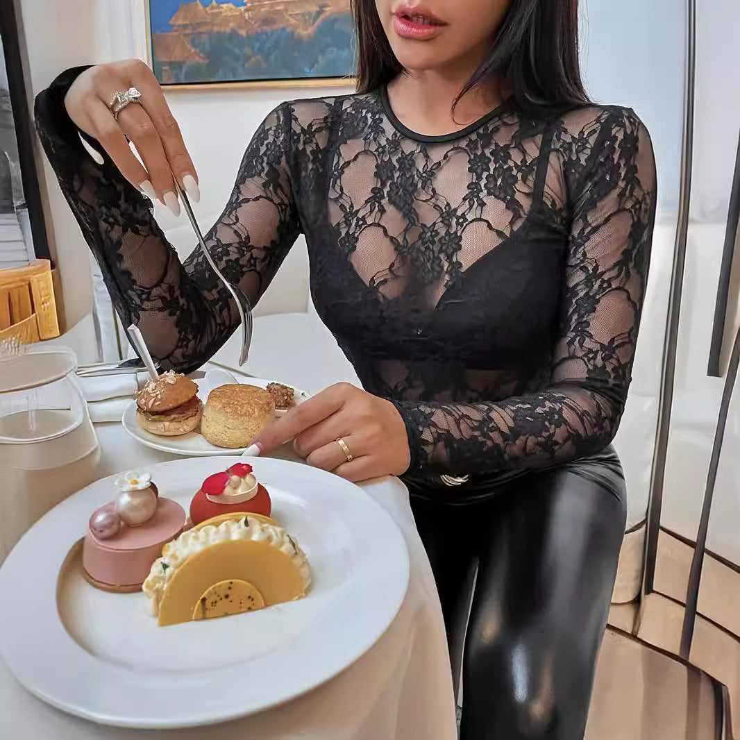 Damen Elegantes Spitzenshirt mit transparentem Design Drune