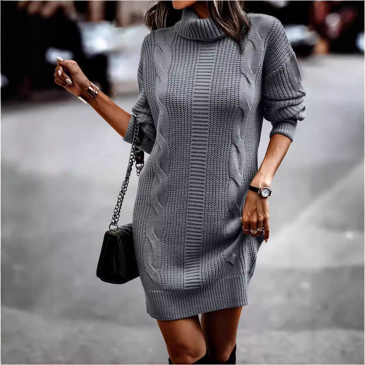 Damen Strickkleid mit modernem Zopfmuster und hochgeschlossenem Kragen Drune