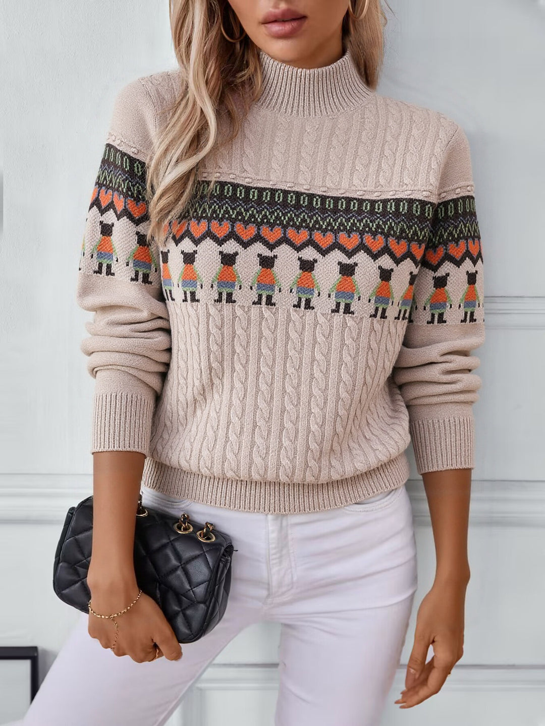 Damen Strickpullover mit kreativem Muster und hohem Kragen Drune