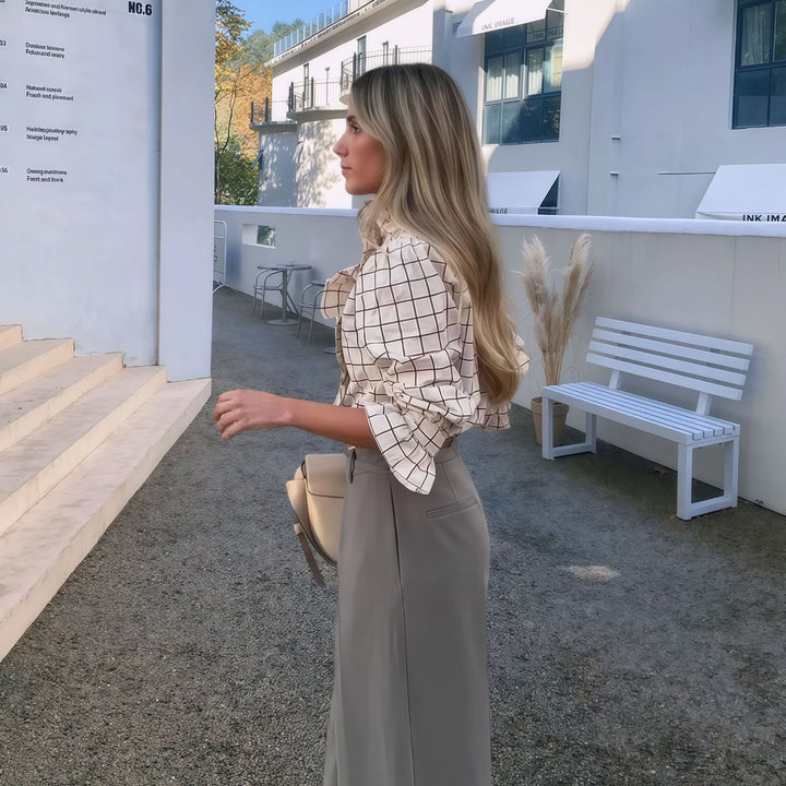 Damen Karierte Bluse mit eleganten Rüschendetails Drune