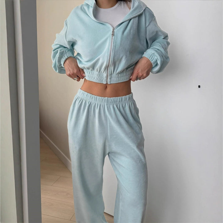 Damen lässiges Cropped Sweatshirt und hohe Jogginghose Set Drune