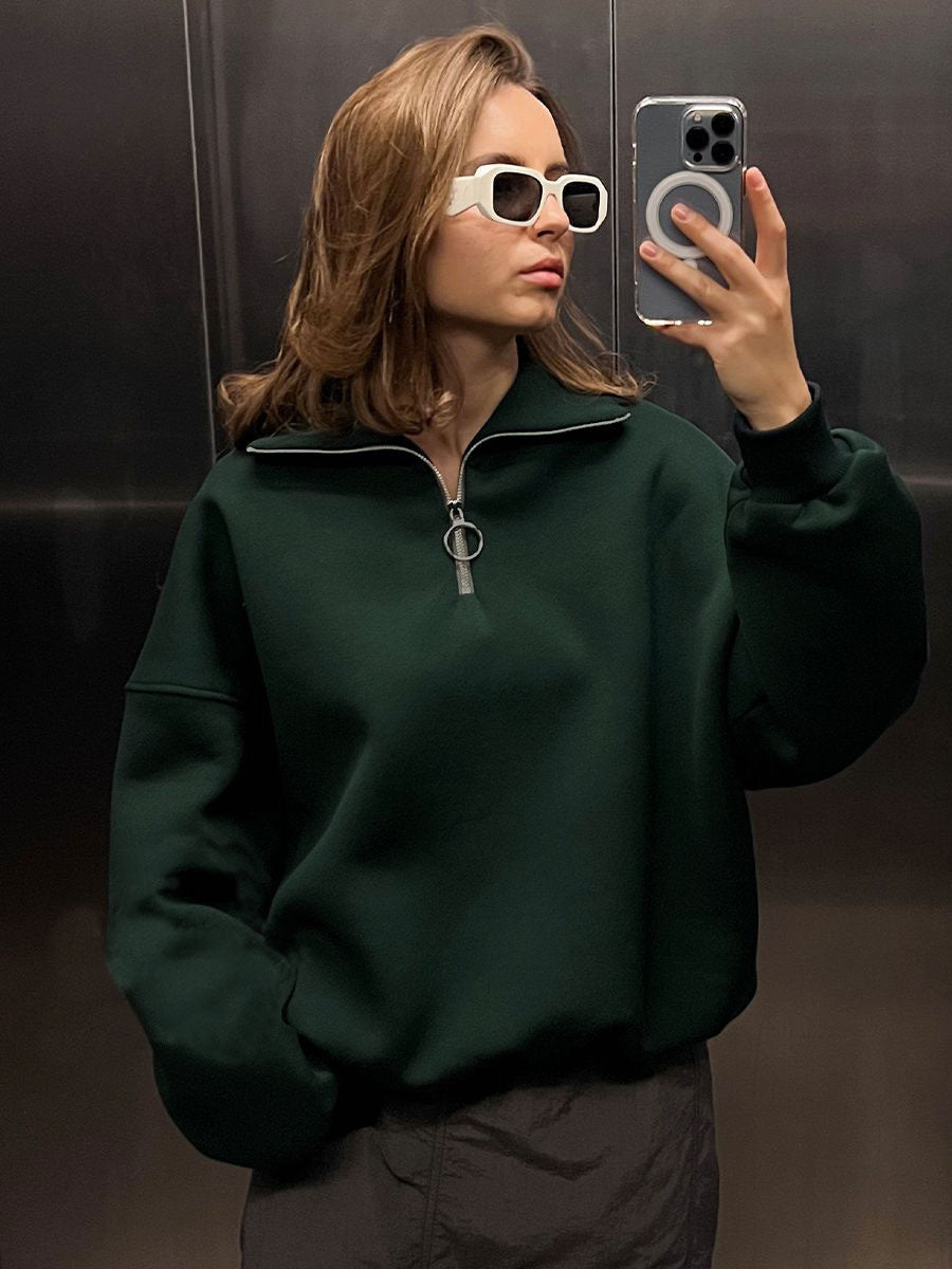 Damen modischer Oversized-Fleece-Pullover mit hohem Kragen Drune