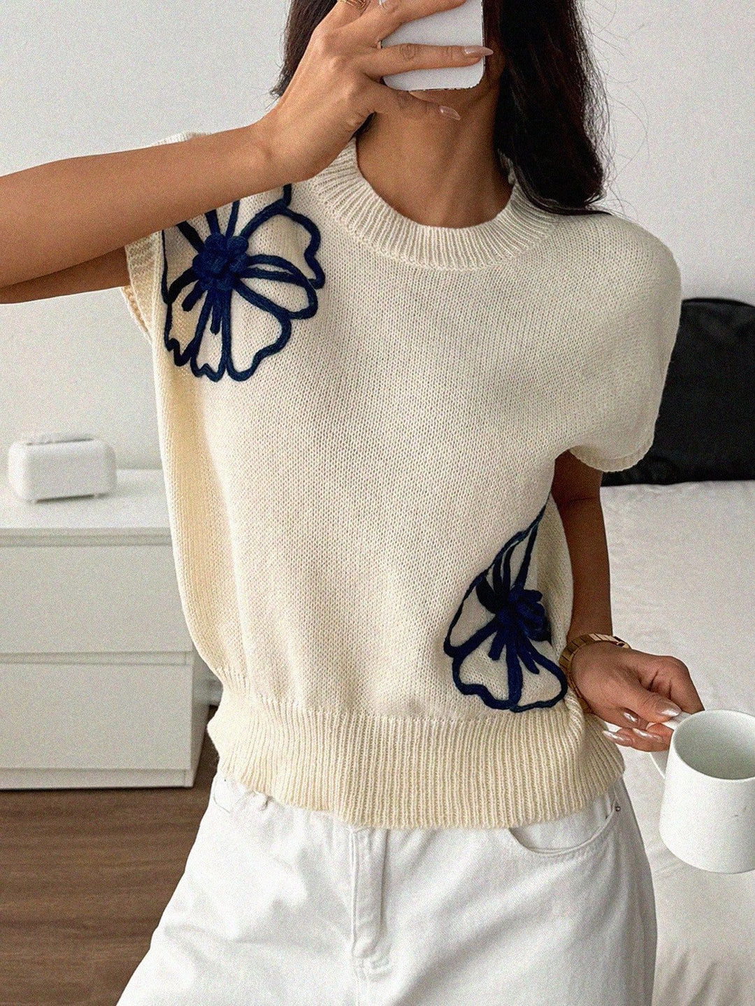 Damen Strickoberteil mit floralem Stickdesign Drune