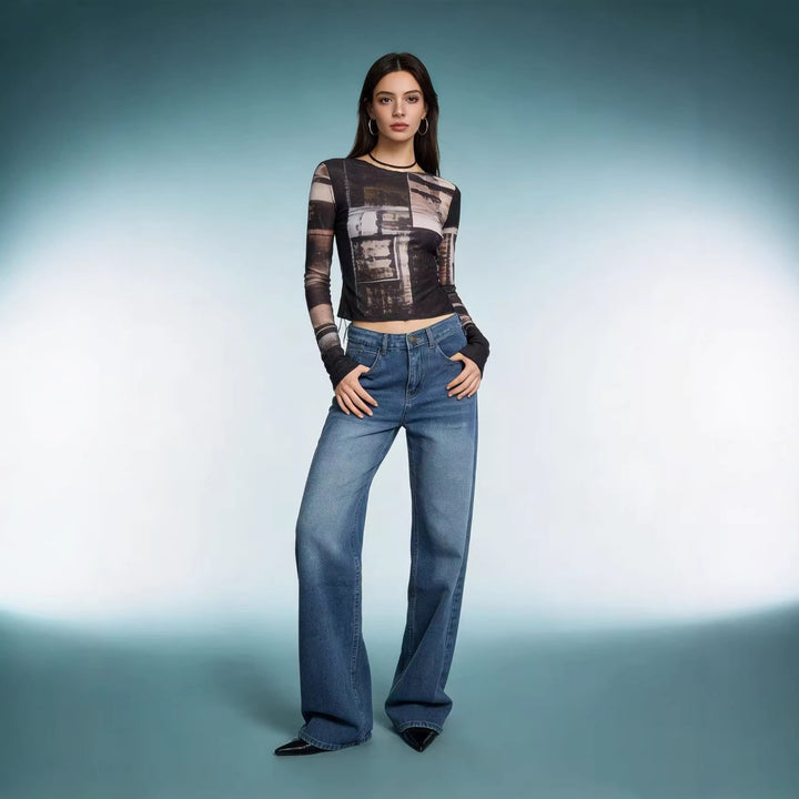 Damen nan hochgeschnittene Weitbein-Jeans mit tonaler Seitennaht und verwaschenem Verlauf Drune