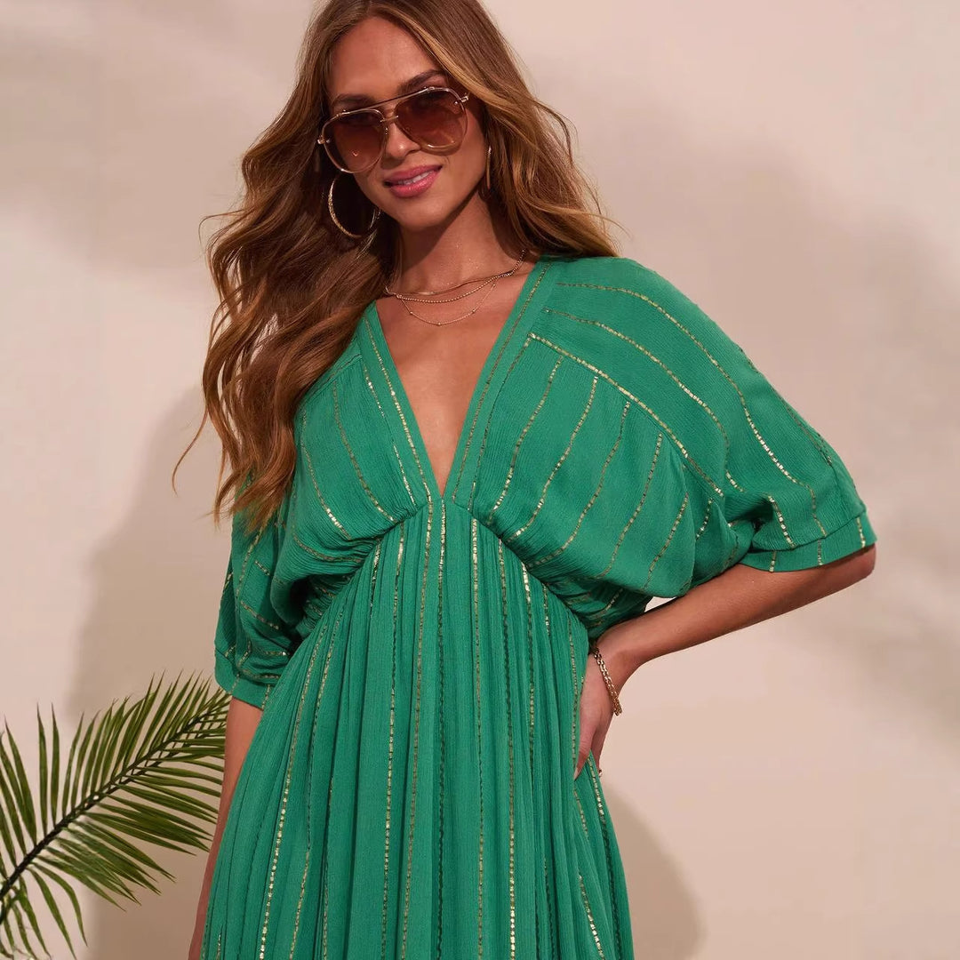 Damen Maxi-Kleid mit hochgeschlossenem V-Ausschnitt und fließendem Faltenwurf Drune