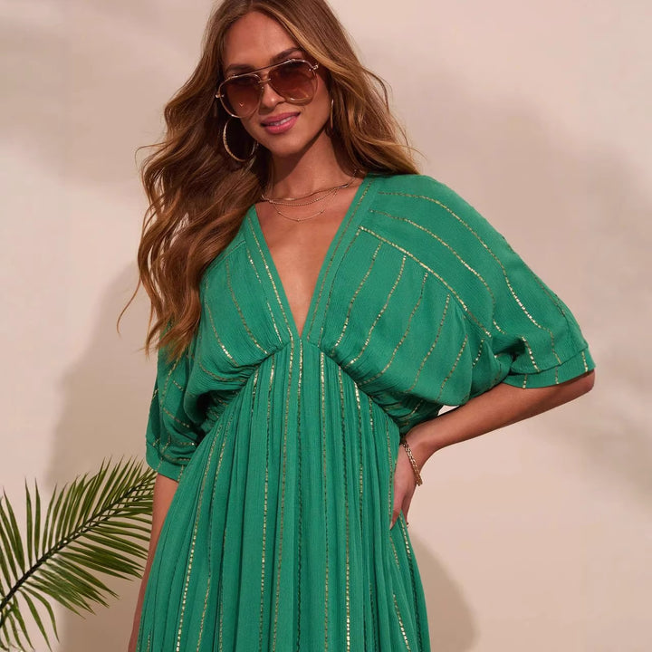 Damen Maxi-Kleid mit hochgeschlossenem V-Ausschnitt und fließendem Faltenwurf Drune