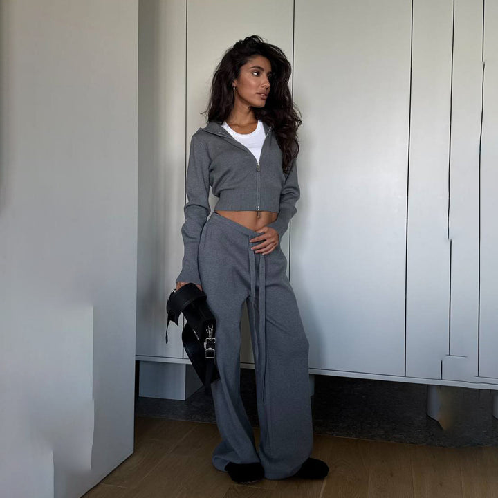 Damen Lässiges Strick-Set mit cropped Jacke und weitem Hosenstil Drune