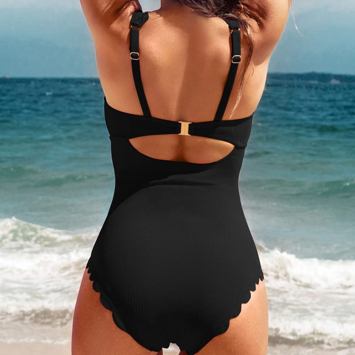 Damen Eleganter Einteiler Badeanzug mit Wellenkante und elastischem Bund Drune