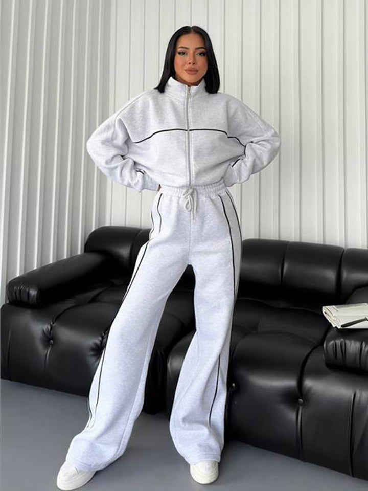 Damen nan Oversize Trainingsanzug Set mit Reißverschluss hohem Kragen und Kontrastpaspeln Drune