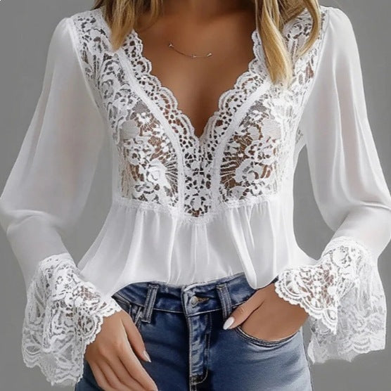 Damen elegante Bluse mit Spitzendetails und gerafftem Saum Drune