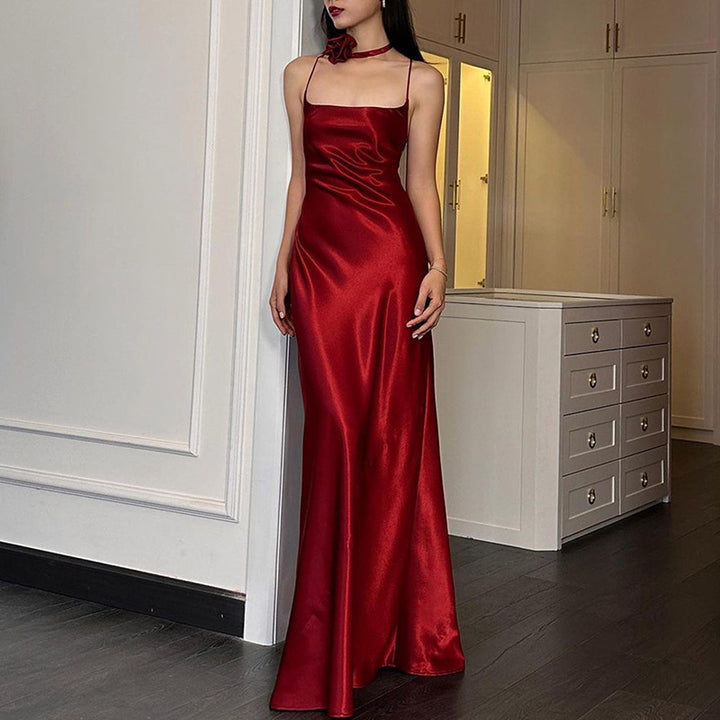 Damen elegantes Maxikleid aus fließendem Satin mit Spaghettiträgern Drune