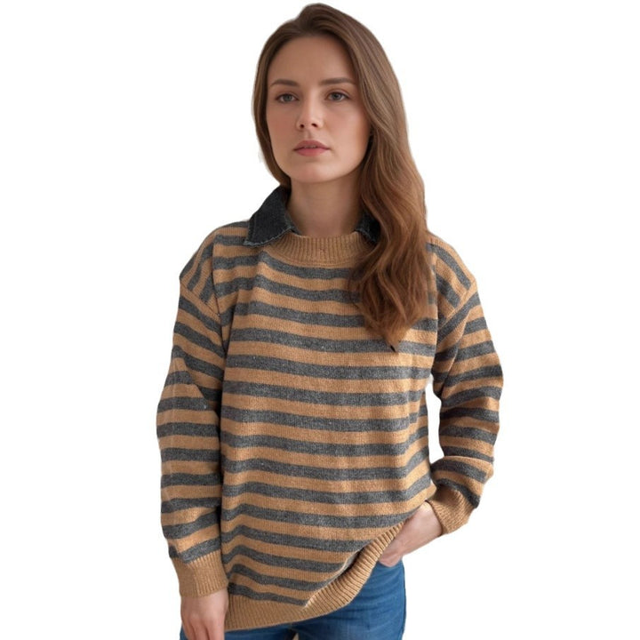 Damen lässiger Pullover mit strukturellem Streifenmuster und modischem Kragen Drune