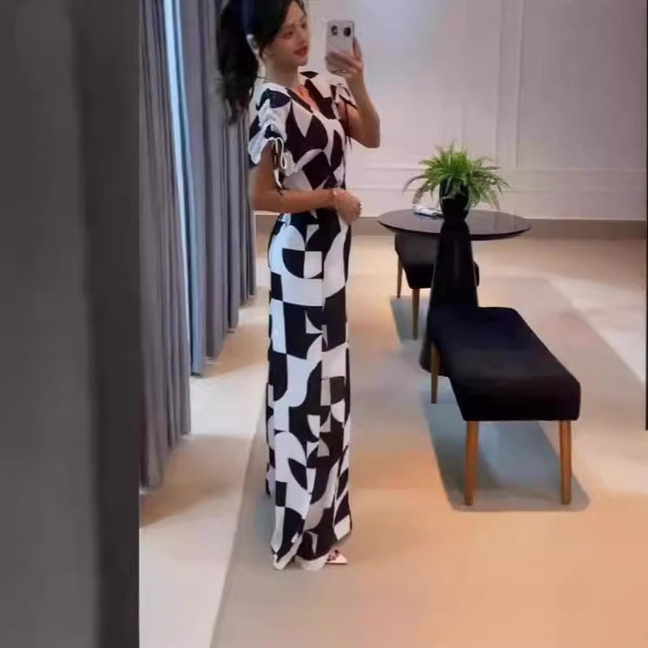 Damen Modischer Jumpsuit mit grafischem Muster und eleganten Ärmeln Drune