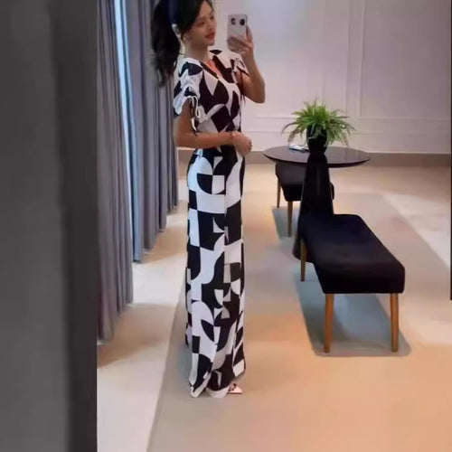 Damen Modischer Jumpsuit mit grafischem Muster und eleganten Ärmeln Drune