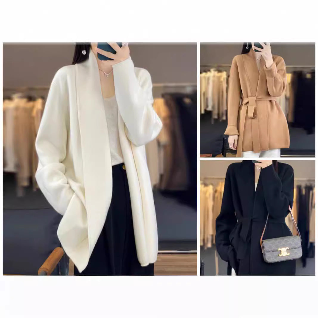 Damen stilvolle Strickjacke mit Bindegürtel und Taschen Drune