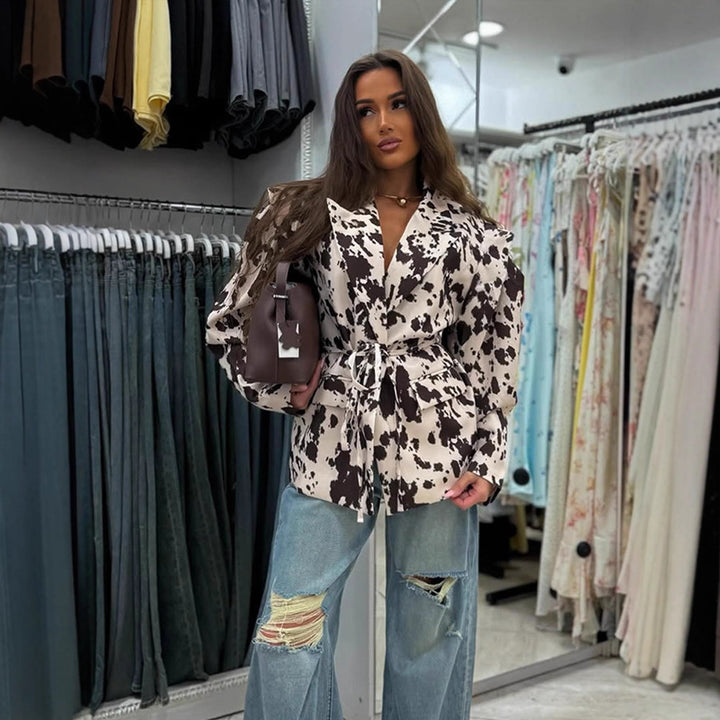 Damen elegante Blazerjacke mit Knotenverschluss und auffälligem Tiermuster Drune