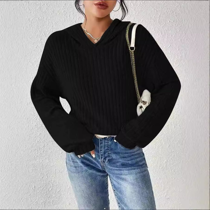 Damen lässiger Kapuzenpullover mit stilvollem Rippmuster und überschnittenen Ärmeln Drune