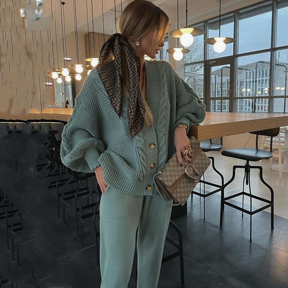 Damen Grobstrickjacke mit V-Ausschnitt und Knöpfen Drune