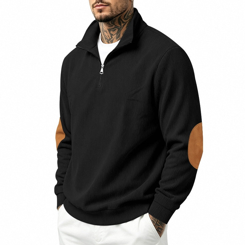 Herren nan Halbzip-Sweatshirt mit Stehkragen, feiner Waffelstruktur und Lederoptik-Ellenbogenpatchs Drune