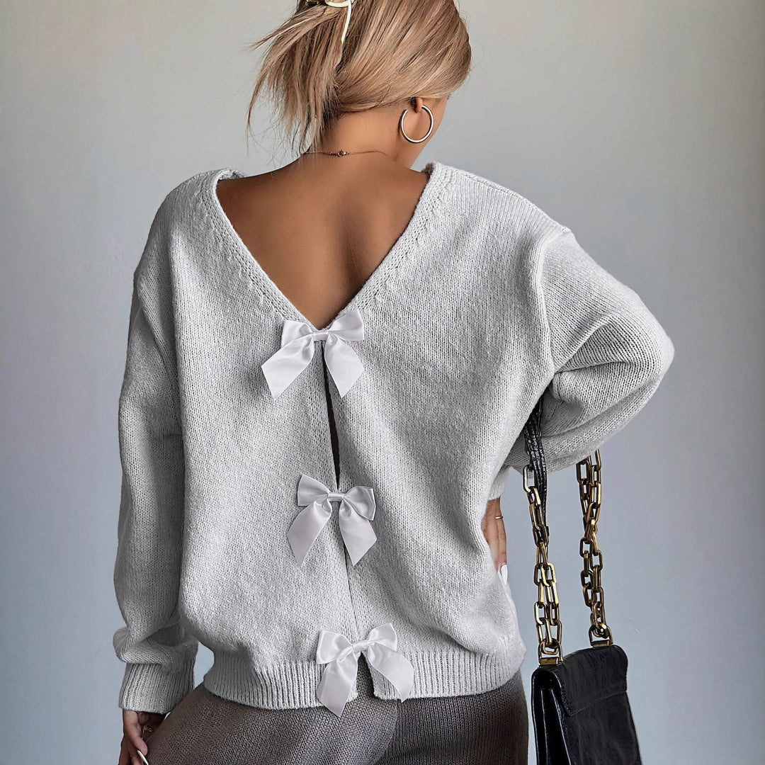 Damen modischer Strickpullover mit V-Ausschnitt und Schleifendetails Drune