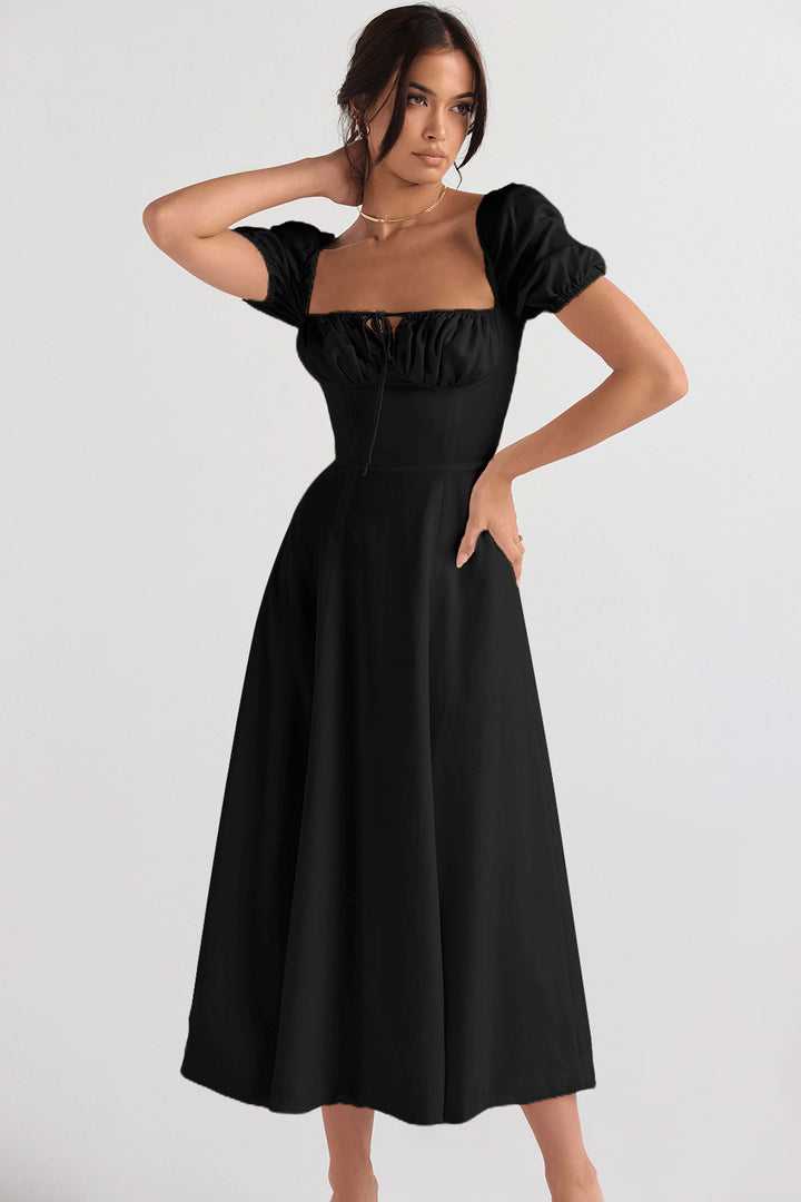 Damen Elegantes Midikleid mit Puffärmeln und raffiniertem Ausschnitt Drune