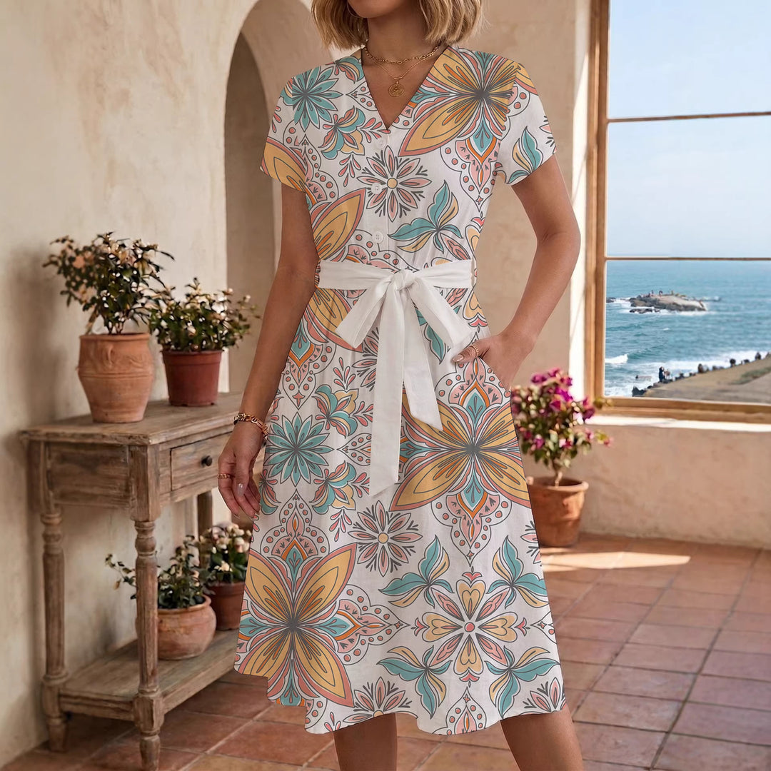 Damen Midikleid mit floralem Motiv und Taillengürtel Drune