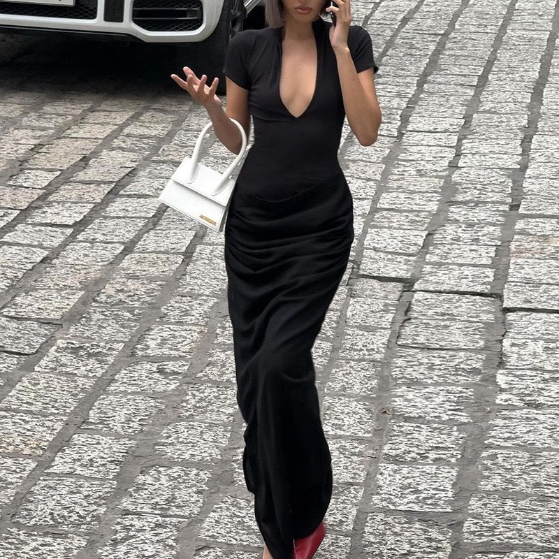 Damen Figurnahes Maxikleid mit tiefem V-Ausschnitt und seitlichen Raffungen Drune