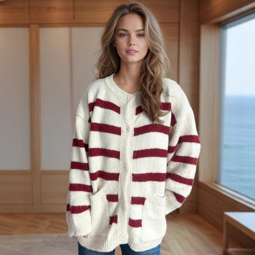 Damen Strickjacke mit dekorativen Knopfdetails und modischem Streifenmuster Drune