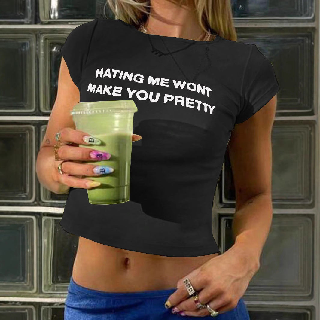 Damen Figurbetontes Crop-T-Shirt mit statement Schriftzug Drune