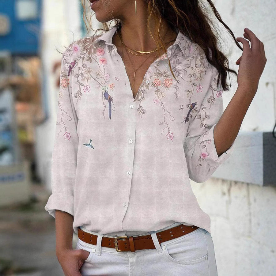 Damen nan leichte Chiffonbluse mit floralem Vogelprint, Knopfleiste und lässigem Schnitt Drune
