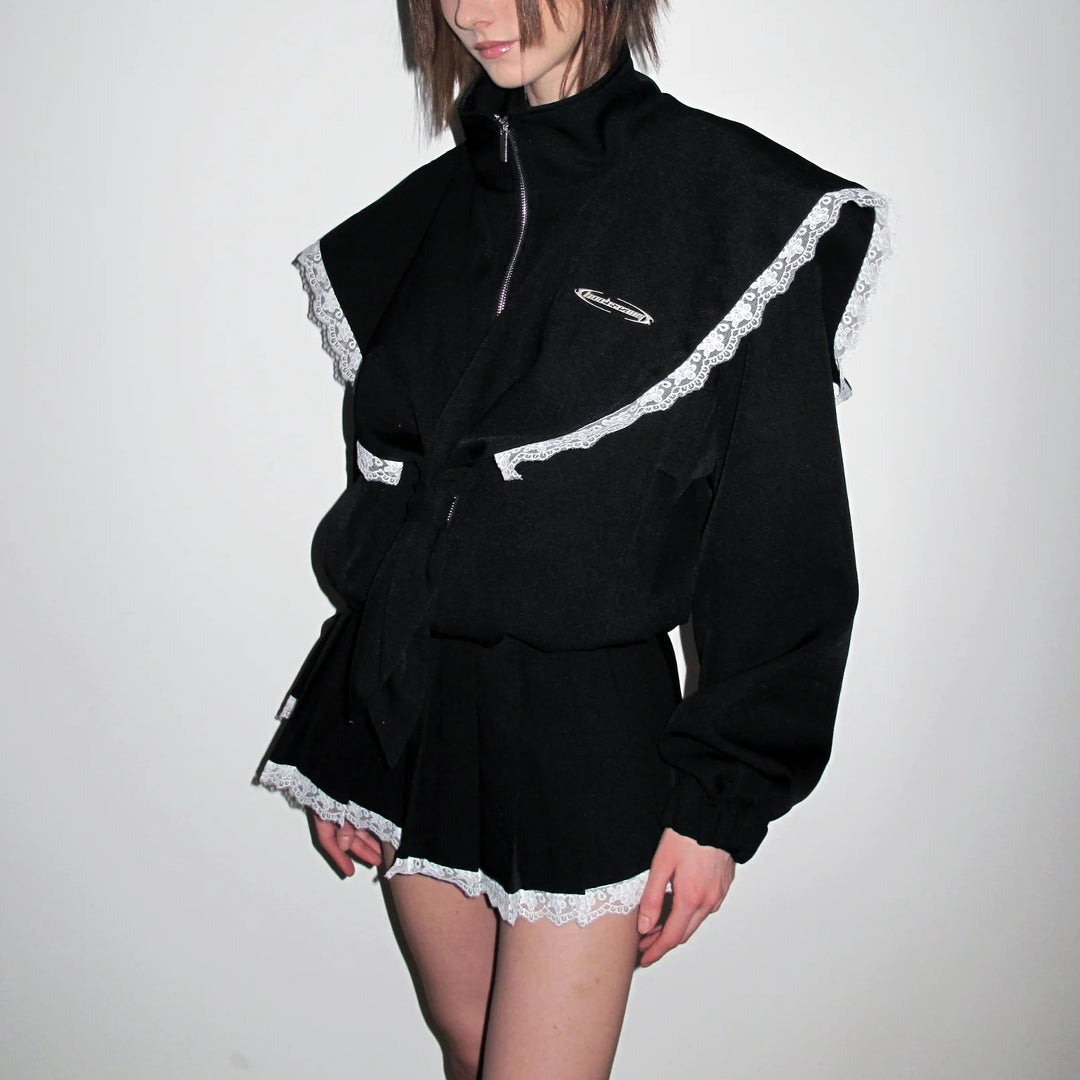 Damen Oversized Jacke mit dekorativem Spitzenkragen und bindbarem Gürtel Drune