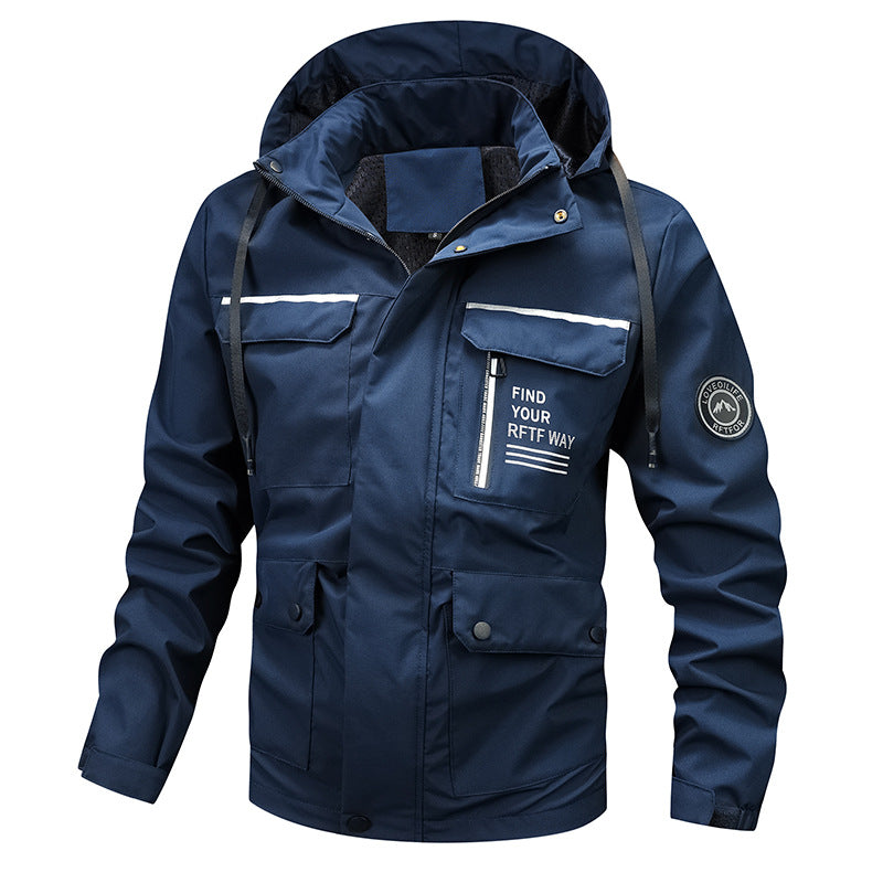 Herren nan wasserfeste Kapuzen-Regenjacke mit Mehrfach-Taschen und winddichter Membran Drune